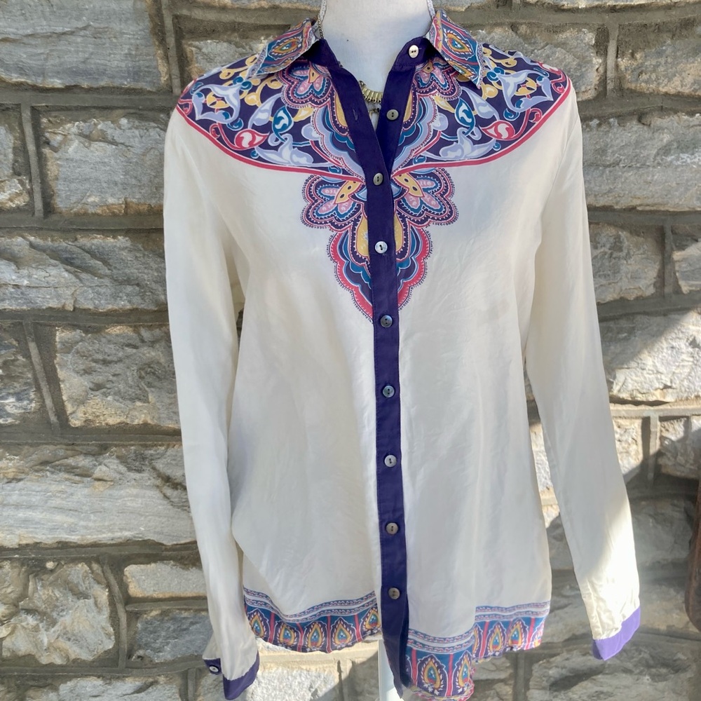 Sundance SILK Moroccan Print Button Down Coast Cottagecore Cowboy Western